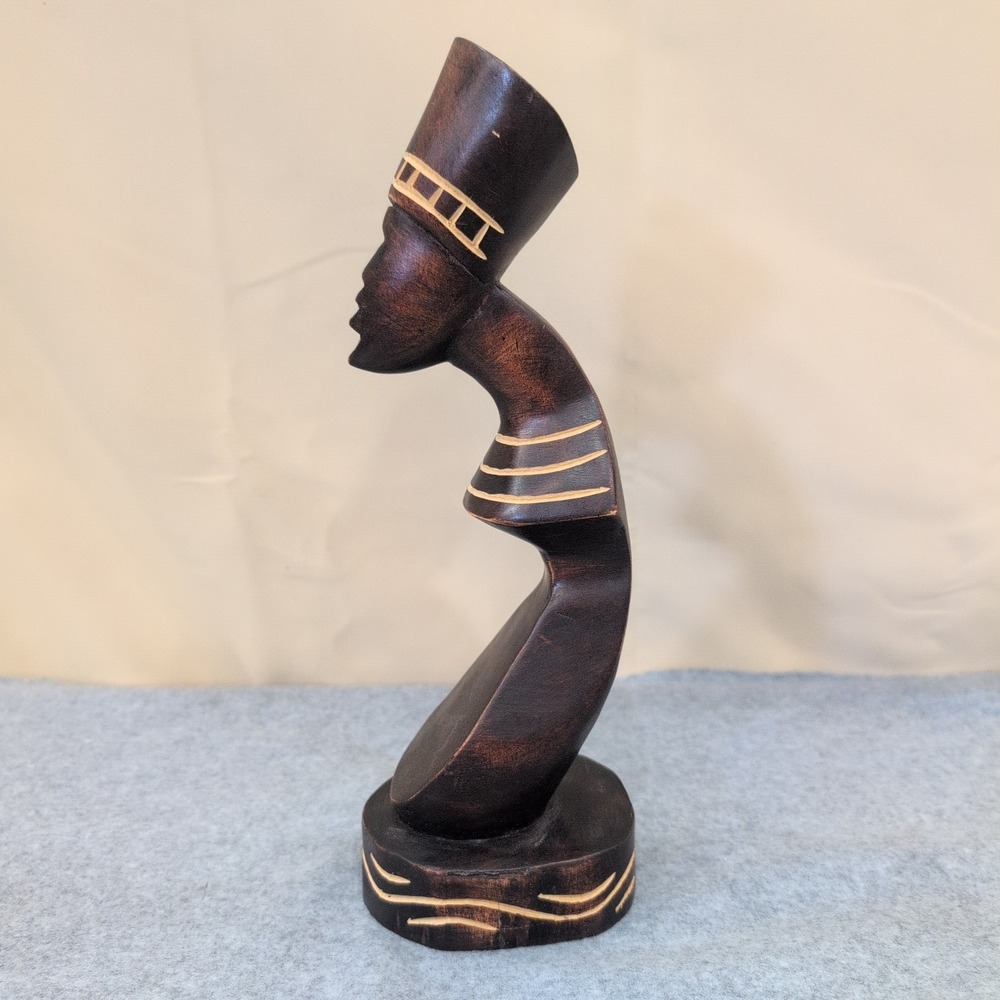 Vintage Hand Carved African Wooden Bust Sculpture Stylized Woman Folk Art - Picture 3 of 9